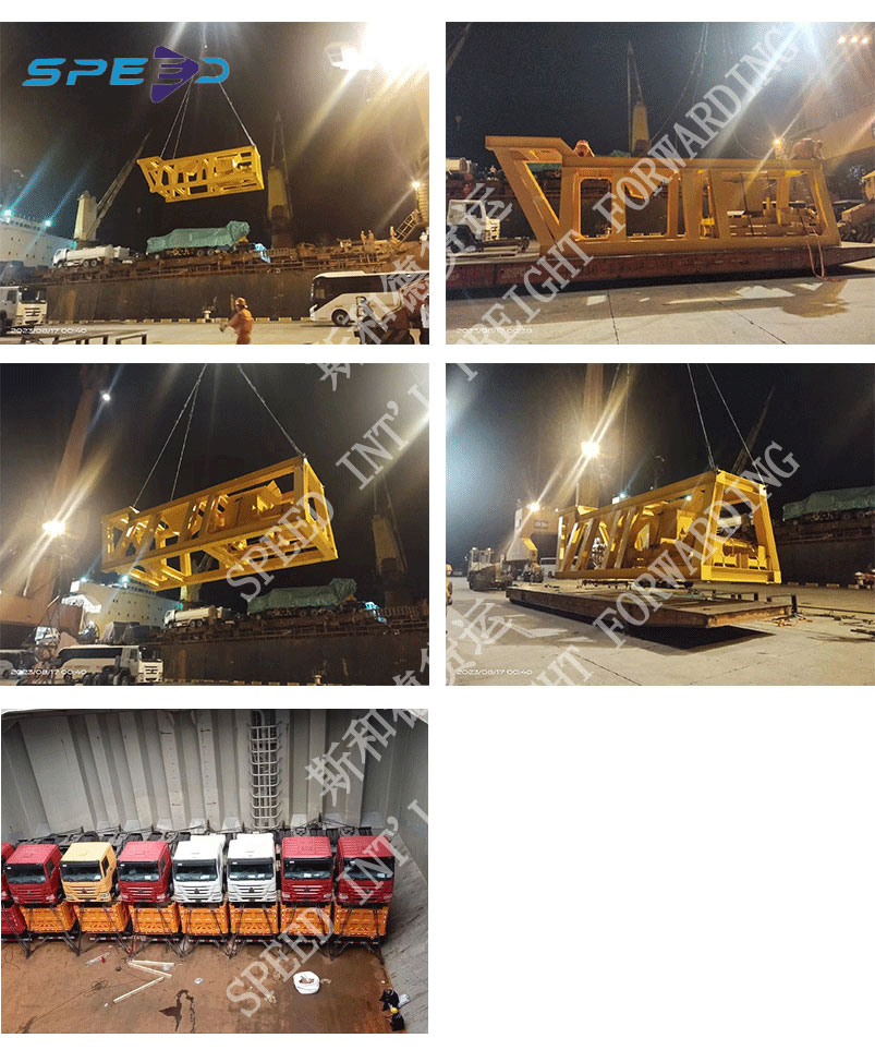 Night-time heavy lift of oversized yellow steel modules and secure underdeck stowage of commercial trucks on a break bulk vessel by SPEED INT'L